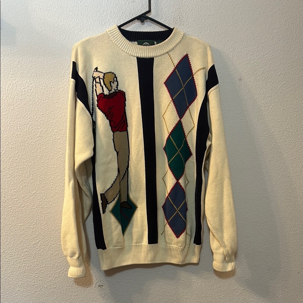 Jantzen Cream and Red Crewneck Sweater Classic Argyle Design